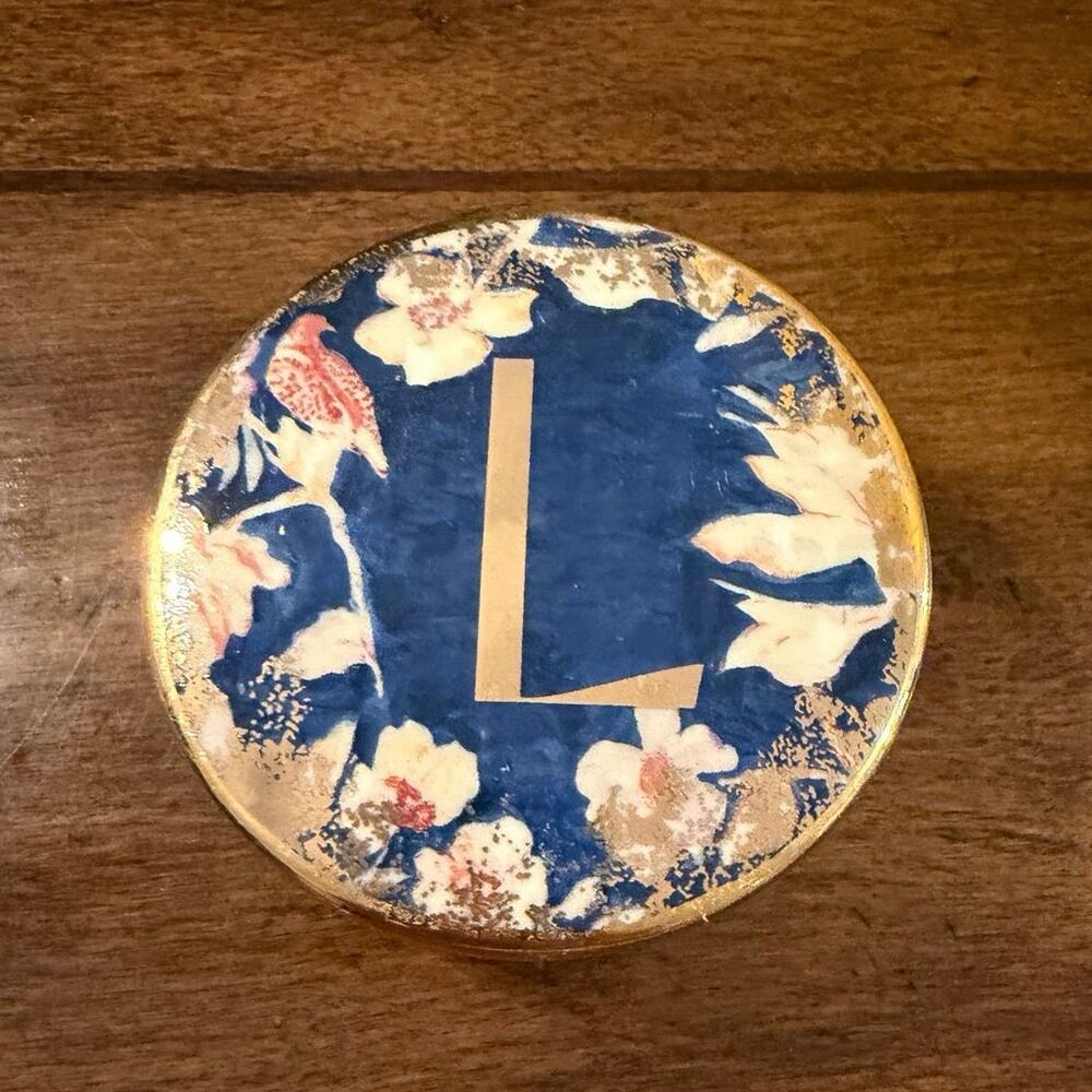 NWT-Anthropologie- Emmaline Stoneware Lidded blue gold Monogram L Trinket Dish